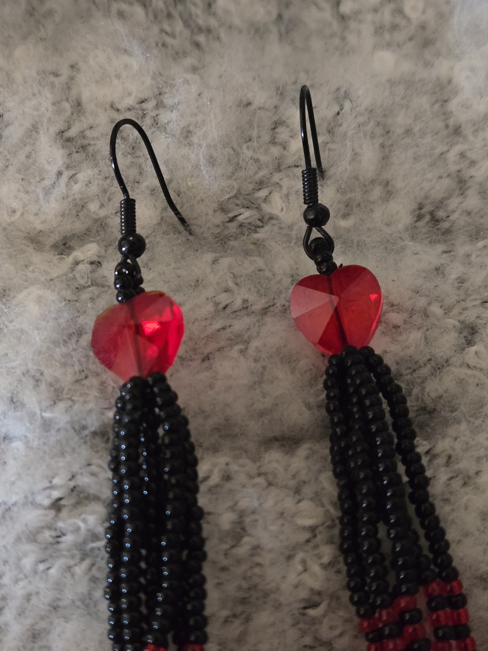 Handmade Red, White & Black Beaded Dangle Earrings With Mini Hearts - Picture 2 of 5